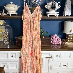 Women’s Peach Floral Maxi Dress - Sleeveless V-Neck